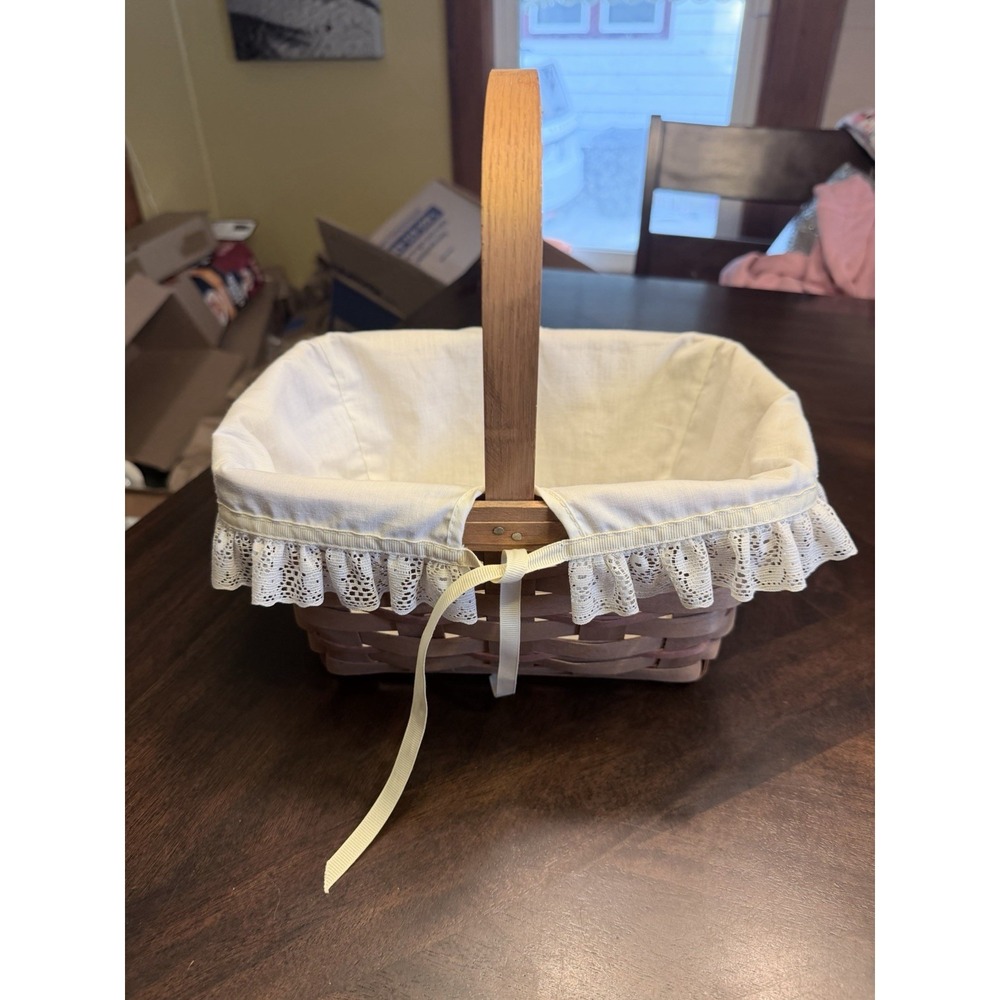 1988 Longaberger Rectangle Basket w/ Handle Cream Lace Liner & Protector 10.5x11